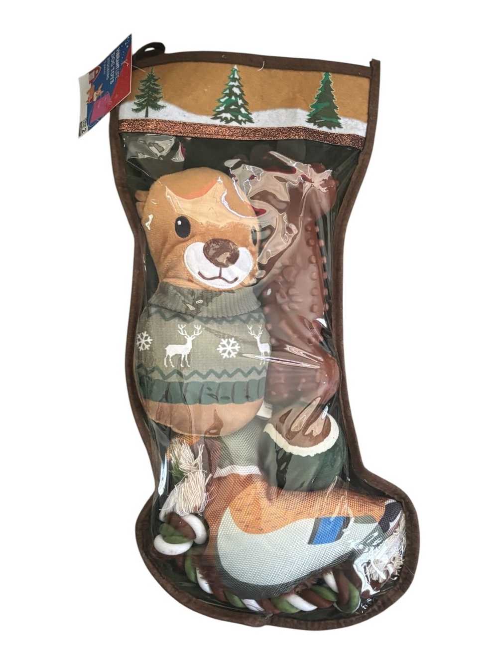 Plush Reindeer Gingerbread Holiday Stocking with Toys - Brown/Green